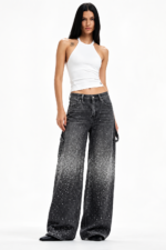 Μαύρο Wide Leg Cargo Jeans με Strass Λεπτομέρειες